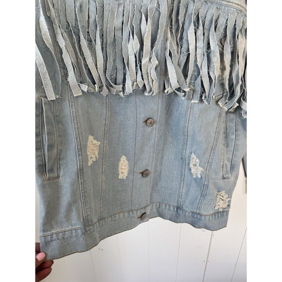 POL Denim jacket with fringe and distressed details SZ S - Picture 5 of 14